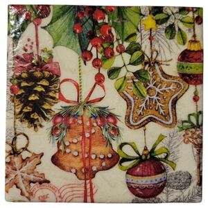Vtg Christmas Coaster Ornament Pine Cone Bell Star Holly Berries Bow Decoupage